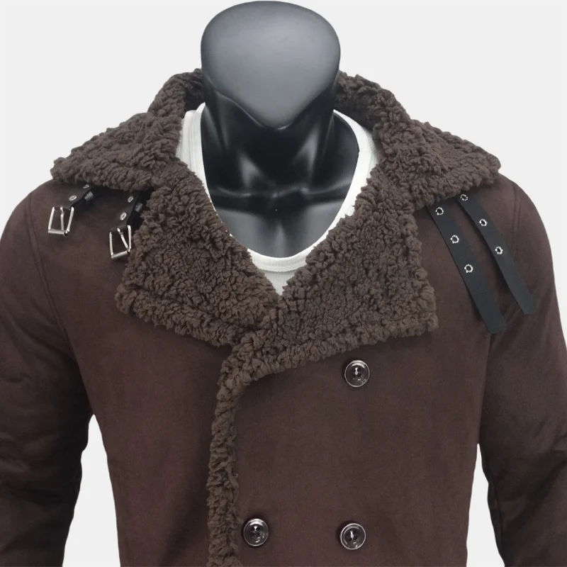 Winter Men's Long Trench Fleece Coat Suede Faux Fur Coats Men Double