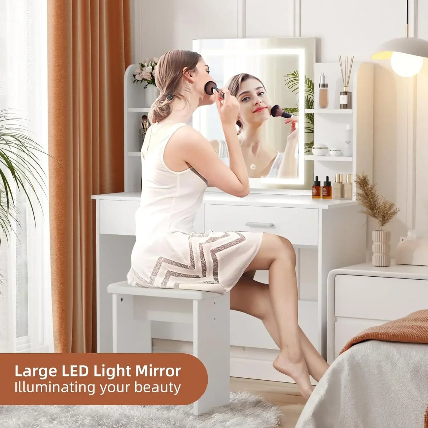 Vanity Desk with Lighted Mirror with 3 Color Light Options Adjustable Brightness, Vanity with 6 Storage Shelves NEW USA