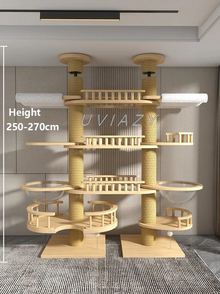 Floor-to-Ceiling Double Column Multi-layer Cat Tree Cat Climbing Tower with Natural Sisal Rope Scratching Post Tall ClimbingTree