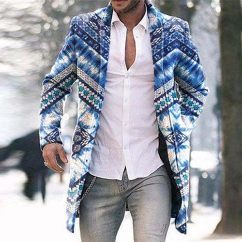 Retro Pattern Print Wool Blend Jackets Men Casual Turn-down Collar