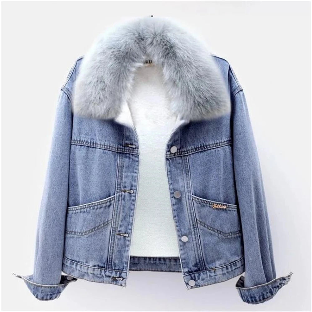 Faux Fur Collar Winter Denim Jackets Women Plus Velvet Warm Casual Thicken Coats Letter Snow Wear Wash Blue Vaqueras Chaquetas