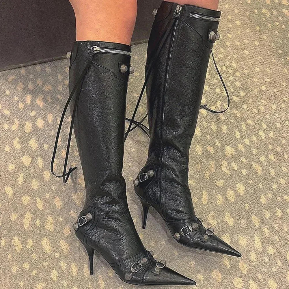 Sexy Knee High Boots 2023 Winter Boots Brand Design Super High Thin Heels With Rivet Retro Fashion Cool Women Shoes Big Size 46