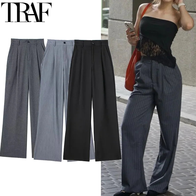 TRAF Women's Formal Pants Office Wear Women Striped Grey Black Pants