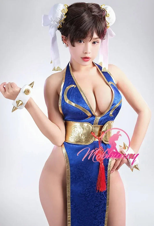 Mobbunny Women Cheongsam Sexy Lingerie Set Chun Li Derivative Deep V High Slit Dress with Belt Hand Rings