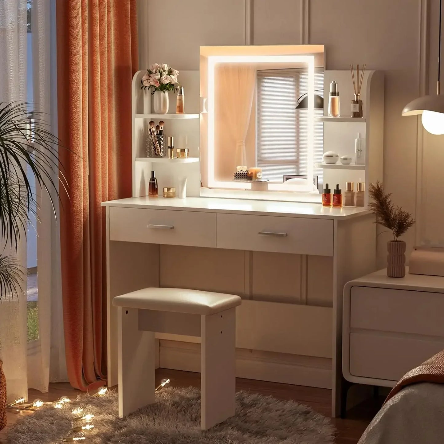 Vanity Desk with Lighted Mirror with 3 Color Light Options Adjustable Brightness, Vanity with 6 Storage Shelves NEW USA