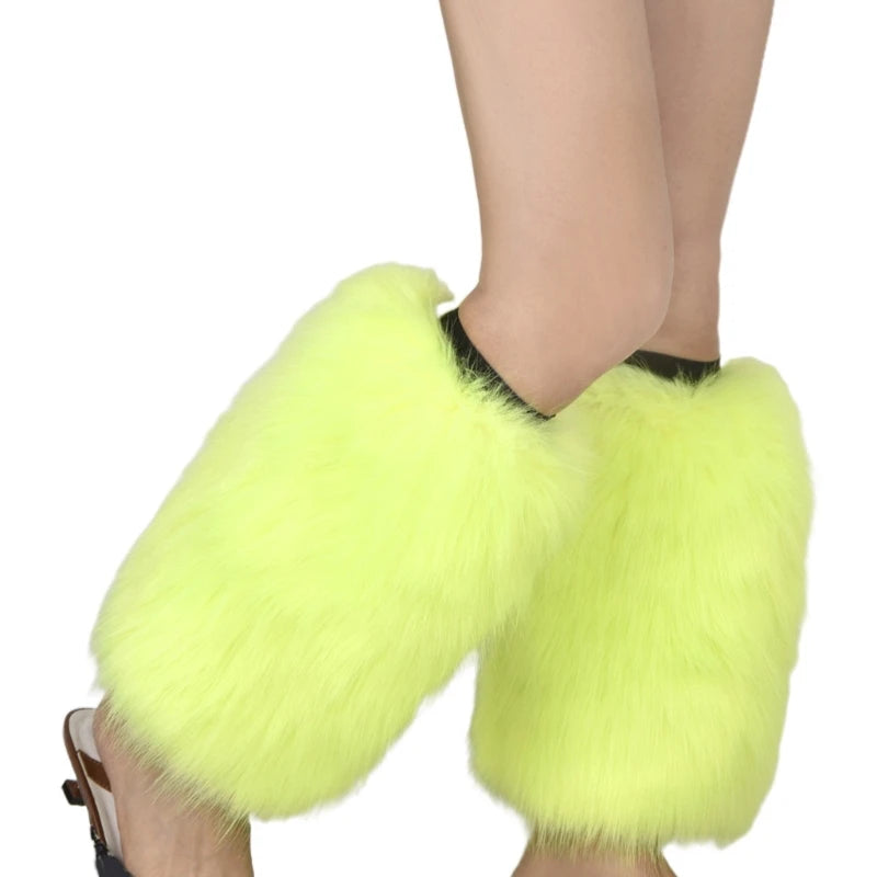 Women Vintage Vibrant Furry Leg Warmers Winter Warm Fuzzy Faux Fur Cuffs Sleeves Calf Length Socks Streetwear