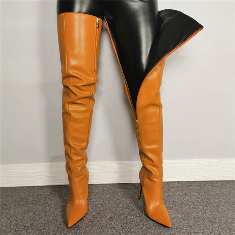 Big Size 40-46 High Heels Women's Over-the-knee Boots Pu Leather Stiletto Knee Boots Leg Boots For Girls