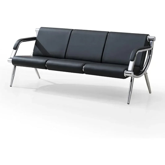 Waiting Room Bench with Fixed PU Leather Upholstered Armrests, Chair with Lumbar Support for Office, Library, Waiting Bench