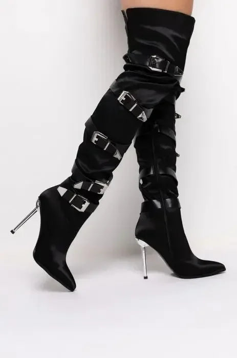 Over The Knee Stiletto Fashion Women Shoes Black Pointed Toe Belt Buckle Boots