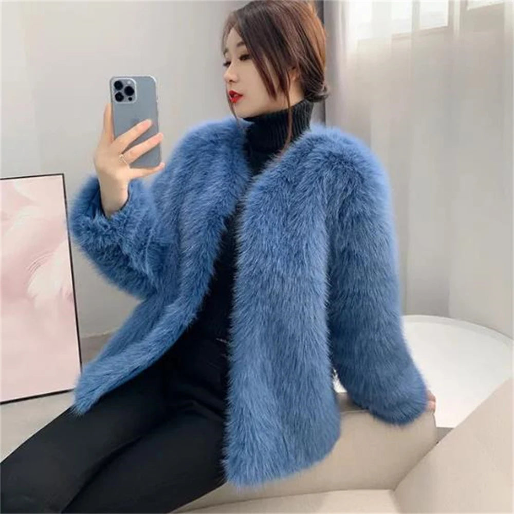 Shaggy Faux Jacket Women Elegant Thick Tops Artificial Warm Shaggy Overcoat Luxury Collarless Coat Short Fur Outwear Winter