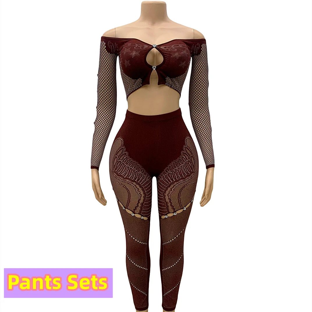 FAGADOER Thick Lace Sexy 2 Piece Set Outfit Women Off Shoulder Long Sleeves Crop Tops and Pants Clothing Female Elastic Clubwear