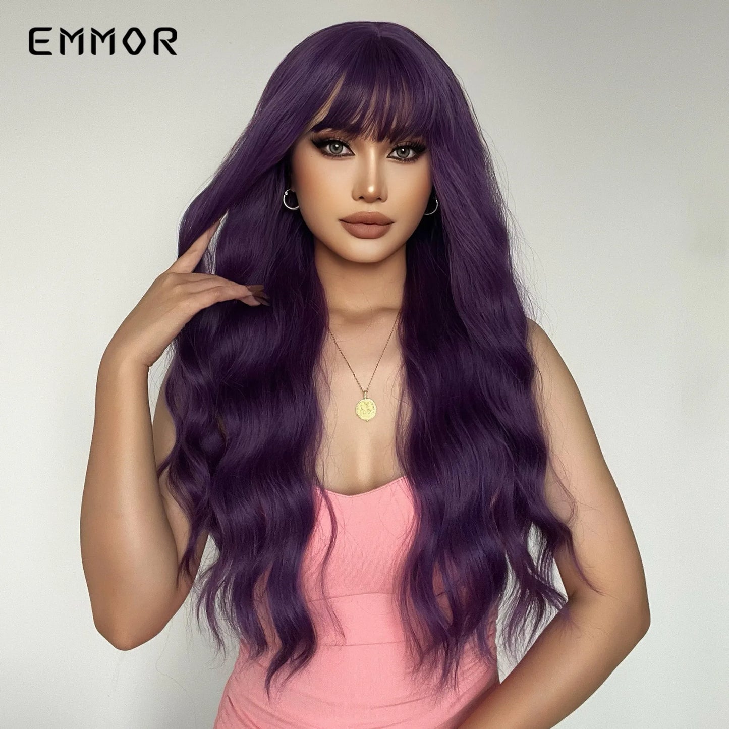 Emmor Synthetic Long Ombre Black to purple Wigs for Women with Bangs Long Wavy Wig Party Daily Heat Resistant Fibre Hair Wigs