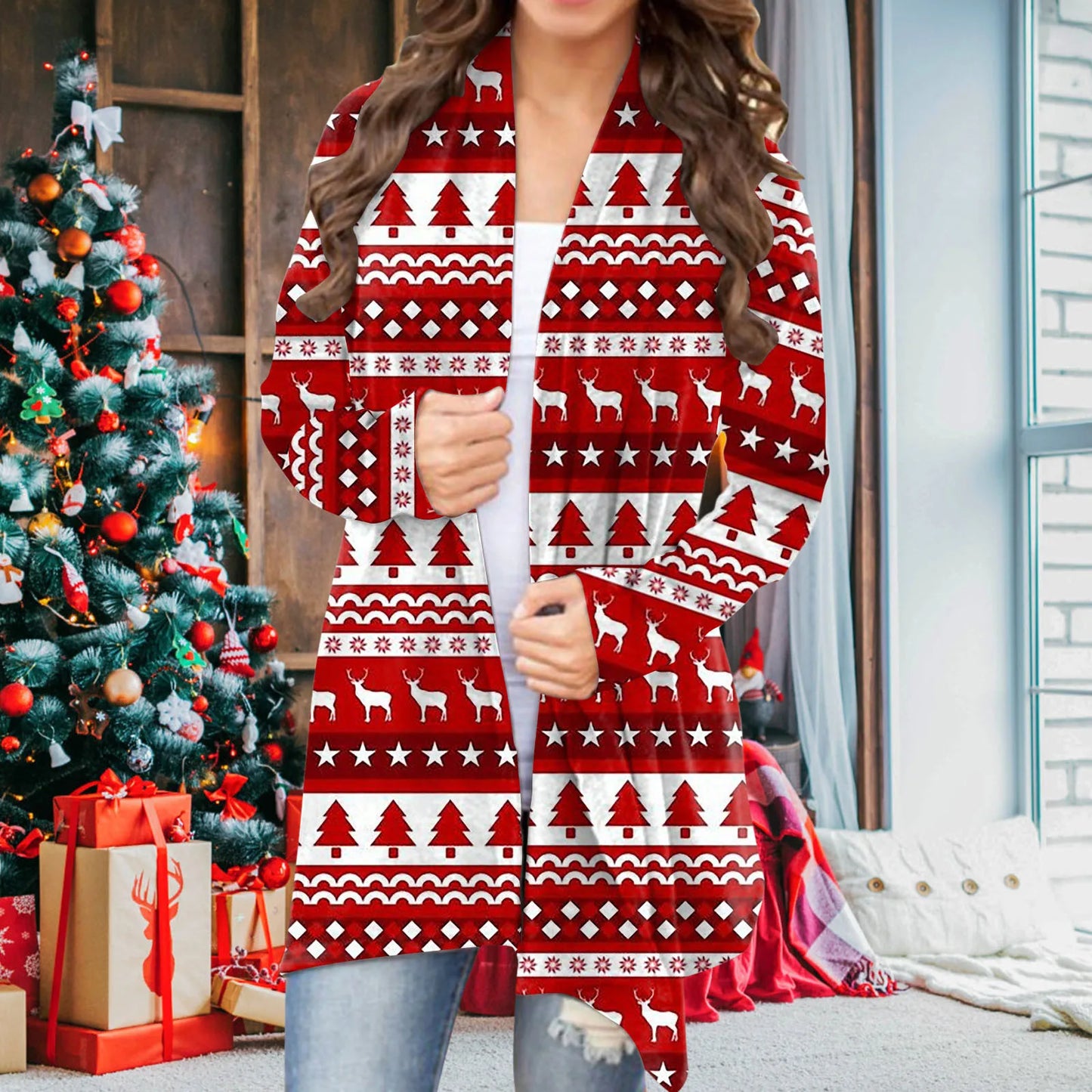 Cute Cartoon Santa Claus Casual Print Cardigan For Women Autumn Fashion Long Sleeve 2024 Christmas Loose Street Outwear Jackets