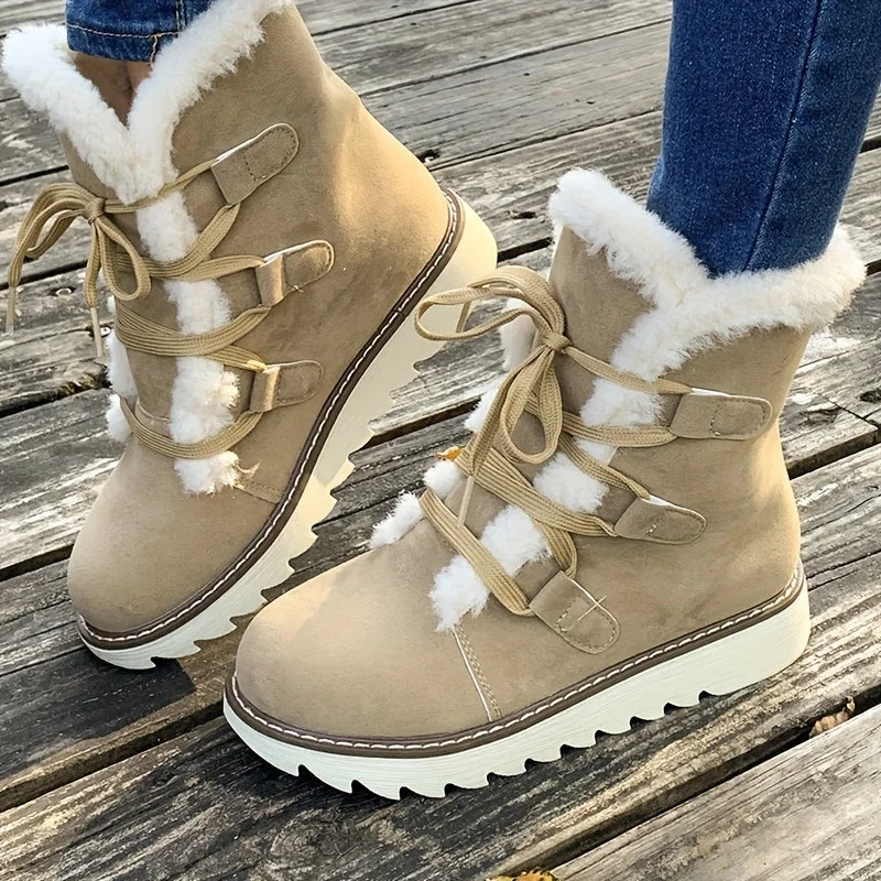 Women's Plush Lined Mid Calf Snow Boots - Waterproof Anti-Slip, Thermal Insulation Lace Up Outdoor Winter Boots for Cold Weather