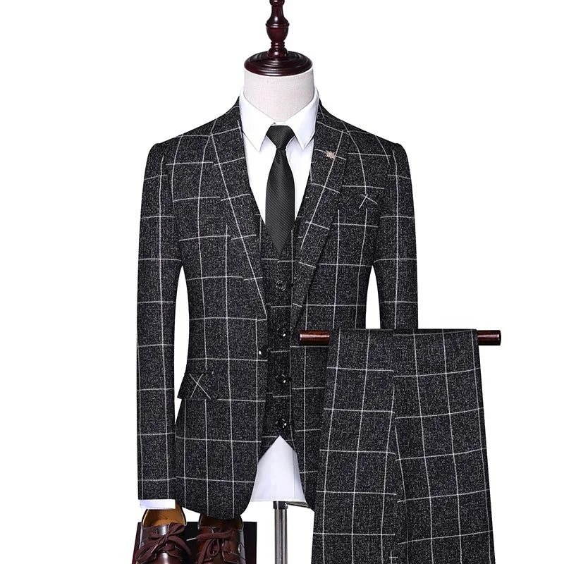 ( Suit+Vest+Pants) 2023 Spring Men's Tailcoat Plaid Suit/Men's Slim Fit Plaid Three Piece Work Suit Business Suit Men's S-4XL