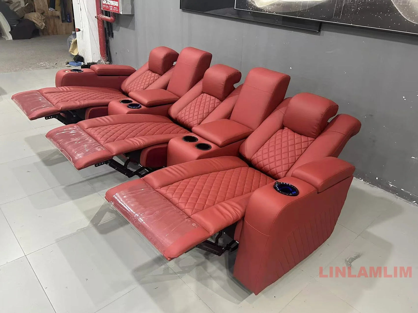 Linlamlim Luxury 3-Seat Recliner Sofa with Cup Holders, Leather Home Theater Seating, Cinema Recliner Couch with Center Console