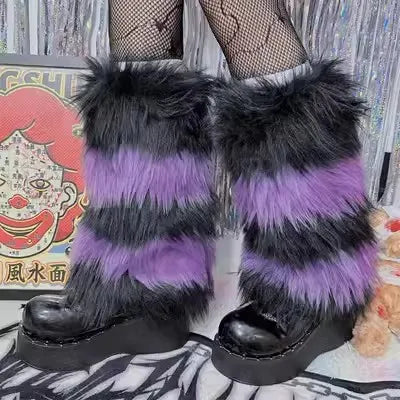 Gothic Women's Y2k Harajuku Punk Lolita Girls Subcultural Striped Contrasting Fur Insulation Faux Furry Socks Legs Warms covers