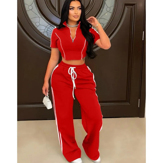 Fashion Casual Short Hoodie 2 Piece Women Summer Zipper Top Short Sleeved Sports T Shirt Stripe Splicing Long Pants Female Suit