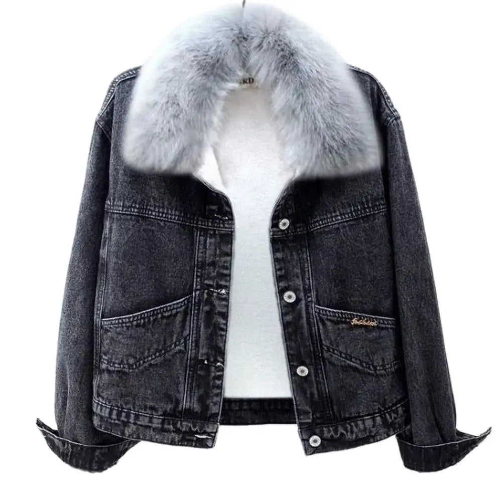 Faux Fur Collar Winter Denim Jackets Women Plus Velvet Warm Casual Thicken Coats Letter Snow Wear Wash Blue Vaqueras Chaquetas