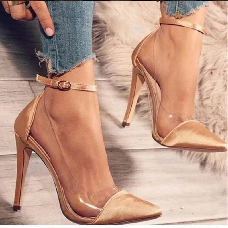 New Women's High Heel pumps Pointed Transparent Belt Buckle Ladies Single Shoes Dress Shoes Rose Red Pink Black Color 35 - 43