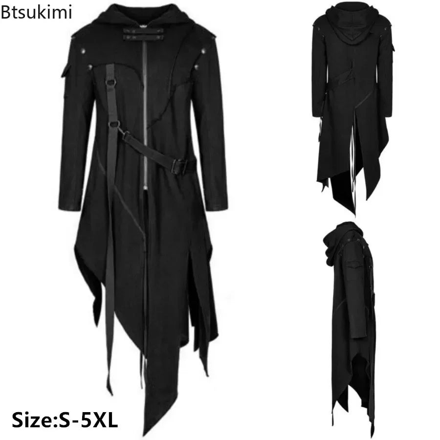 New 2024 Men's Punk Style Irregular Trench Coats Black Gothic Long