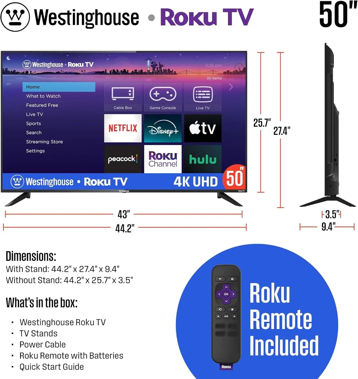 50 Inch Smart TV, 4K UHD LED TV with Wi-Fi Connectivity and Mobile App, Flat Screen TV Compatible with