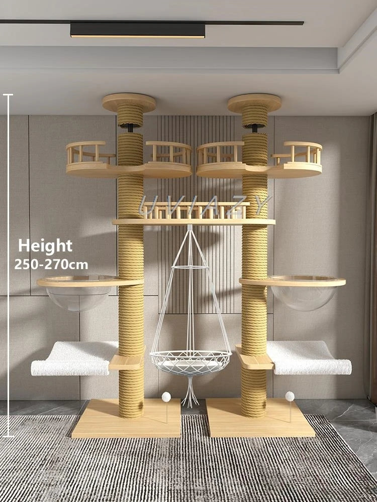 Floor-to-Ceiling Double Column Multi-layer Cat Tree Cat Climbing Tower with Natural Sisal Rope Scratching Post Tall ClimbingTree