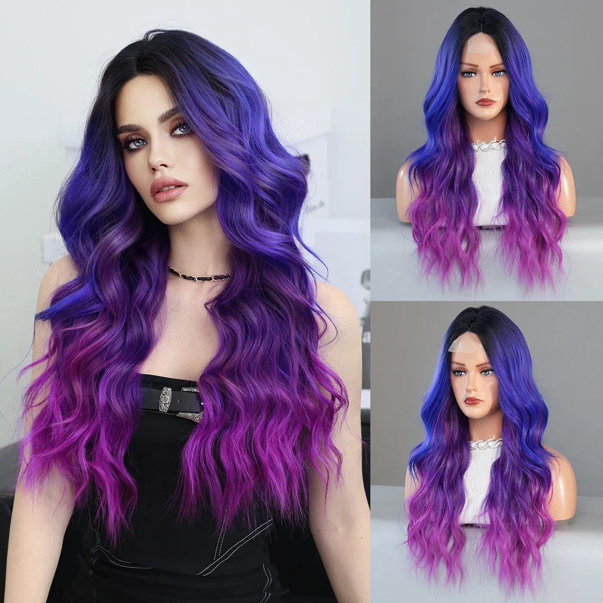 9Color Long Ombre Dream Mixed Blue Purple Highlights Long Wavy Wig For Women’s Christmas Halloween Cosplay Costume Party Wigs