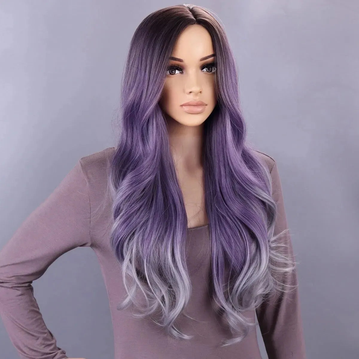 Long Wavy Middle Part Wig Purple Natural Wigs for Women Heat Resistant Ombre Purple Gray Wig Daliy Party 28 Inch Synthetic Wigs