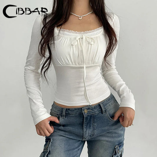 CIBBAR Bandage Folds Square Collar Crop Top Women Fairycore y2k White