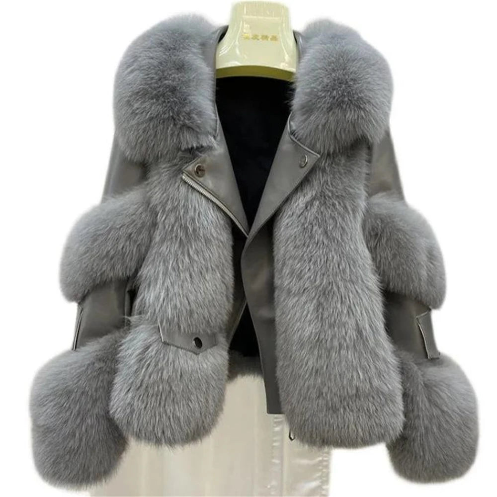 Women  2024 Winter New Outerwear Tops Warm Short Imitation Fox Fur Coat Imitation Leather Full Fox Fur Motorcycle Jacket Luxury