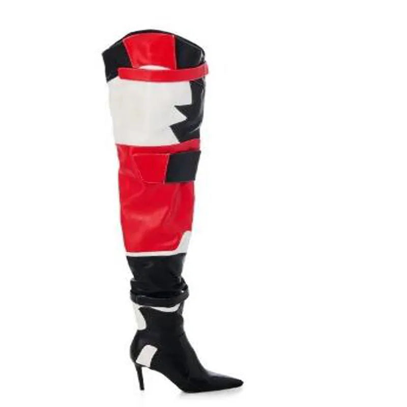 Winter Red black White Mixed Color Leather Pointed Toe Stiletto Heels Over The Knee Boots Women Fashion Run Way Long Botas Shoes