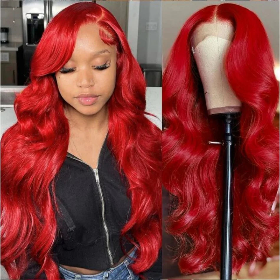 13x4 Sexy Red Lace Front Human Hair Wigs Body Wave Burgundy Red Colored Transparent Lace Front Wigs Human Hair Remy 180% Density