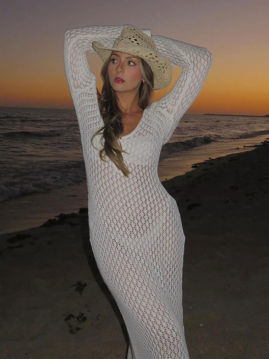 Sexy Women White Long Knit Sleeve Bikin Fashion Cover up Female