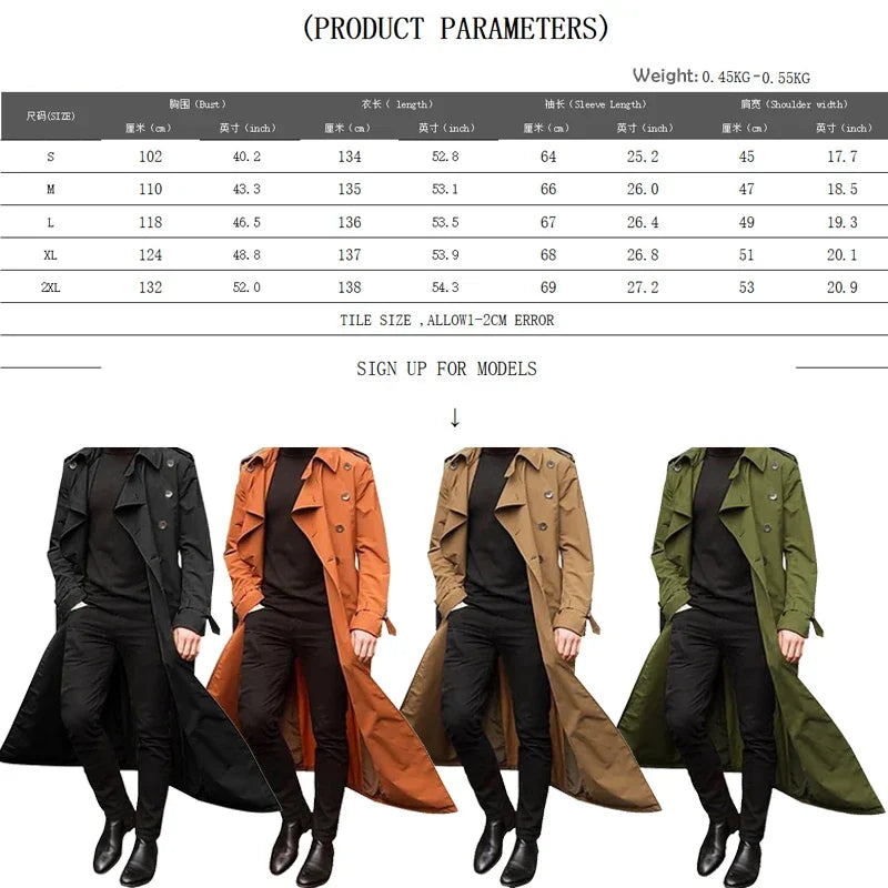 Men's Long Trench Coat Solid Color Long Sleeve Leisure Lapel Button