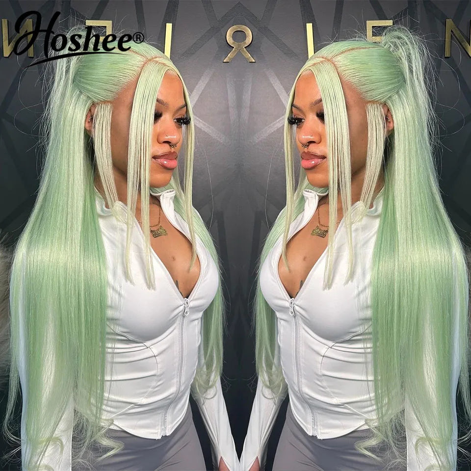 Mint Green Straight Lace Front Human Hair Wigs For Women Lake Blue Colored Human Hair Wigs  13x4 Lace Frontal Wig Pre-Plucked