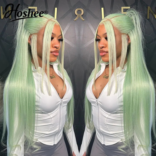 Mint Green Straight Lace Front Human Hair Wigs For Women Lake Blue Colored Human Hair Wigs  13x4 Lace Frontal Wig Pre-Plucked