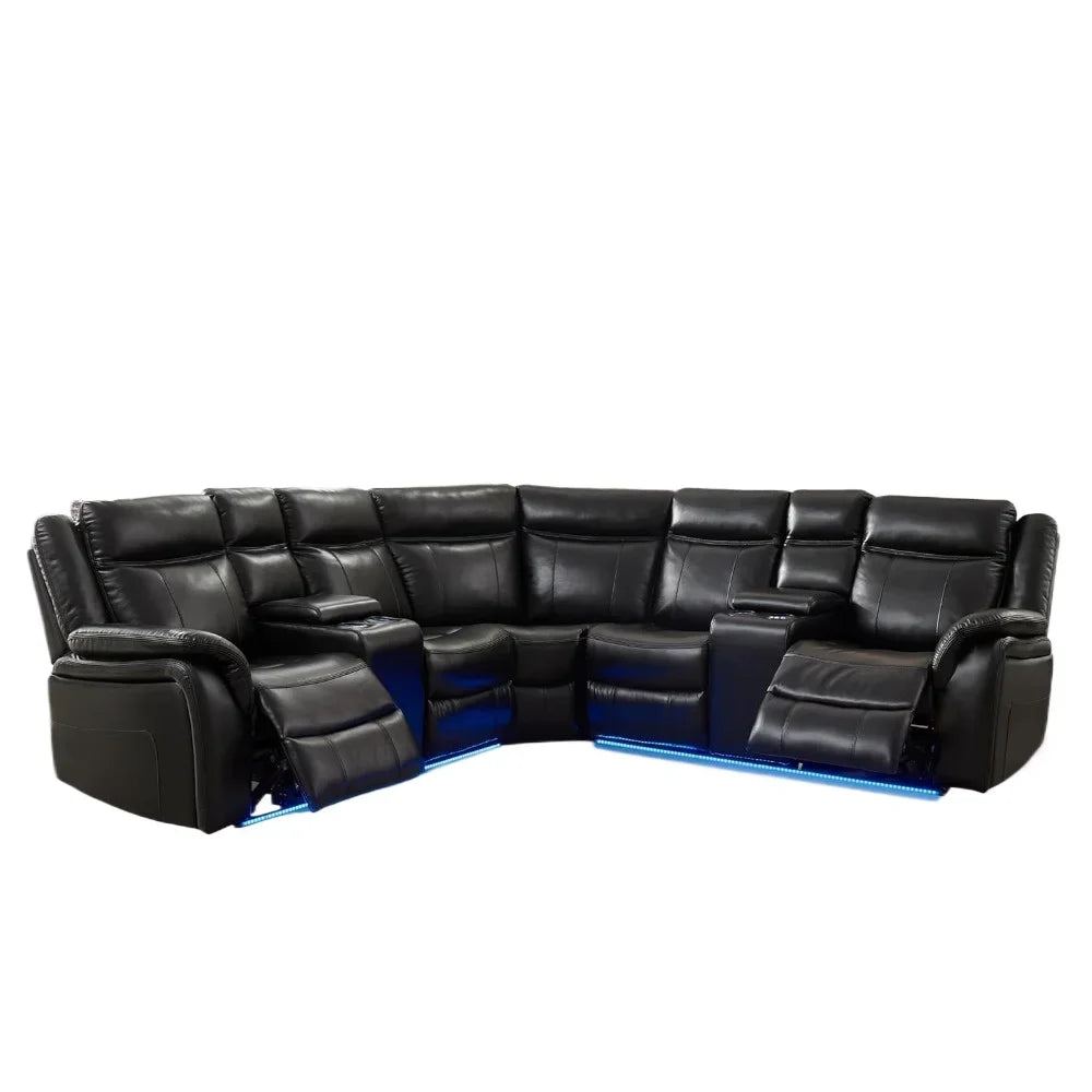 recliner，Power Reclining Sectional Sofa with LED Light Recliner Faux Leather L-Shaped Electric Reclining Sectional Couch