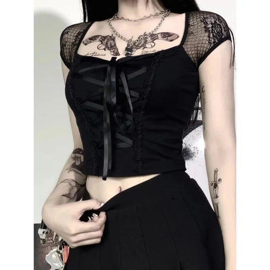 Sexy Tops Goth T Shirt Women Bodycon Bandage Lace Black T Shirts