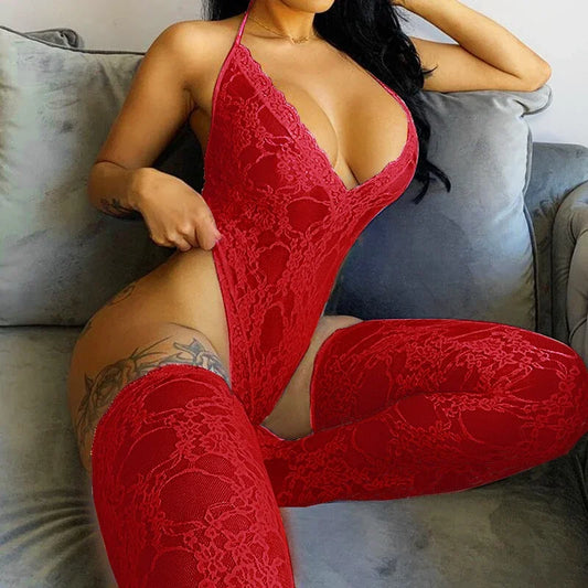 Women Sexy Lace Lingerie Bodysuits Deep V Neck Exotic Stripper Night Club Body Stockings Transparent Erotic Exotic Sex Sets