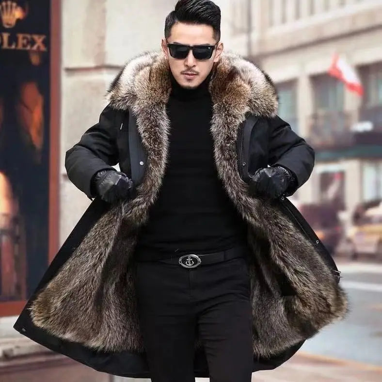 Fur Lined Parkas Men Faux Fur Coat Big Size Hooded Warm Long Fox Fur Coat Snowsuit High Quality Men Clothing Zipper Long Sleeve