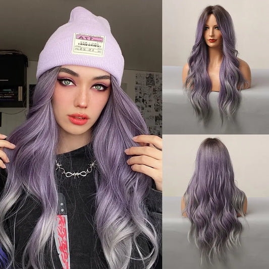 Purple Long Wavy Synthetic Wigs with Grey Ombre Natural Hair Wigs Middle Part for Women Cosplay Wigs Heat Resistant Fiber