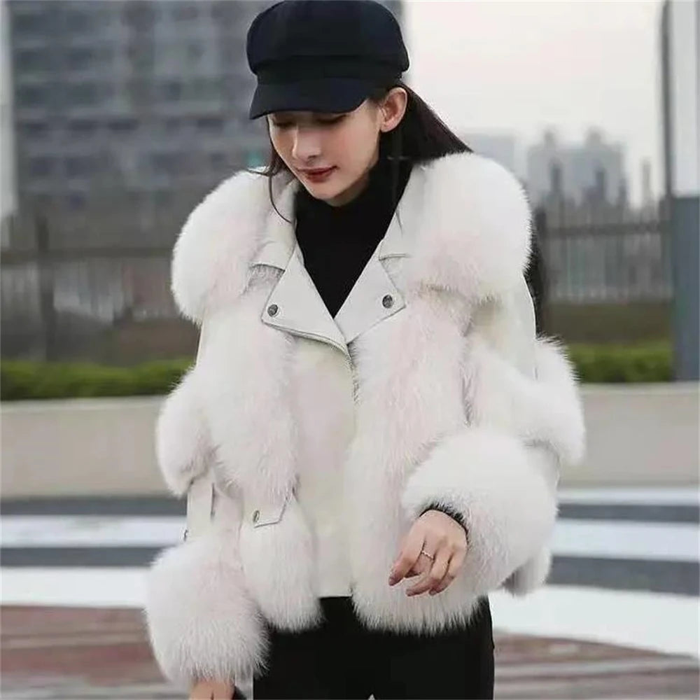 Women  2024 Winter New Outerwear Tops Warm Short Imitation Fox Fur Coat Imitation Leather Full Fox Fur Motorcycle Jacket Luxury