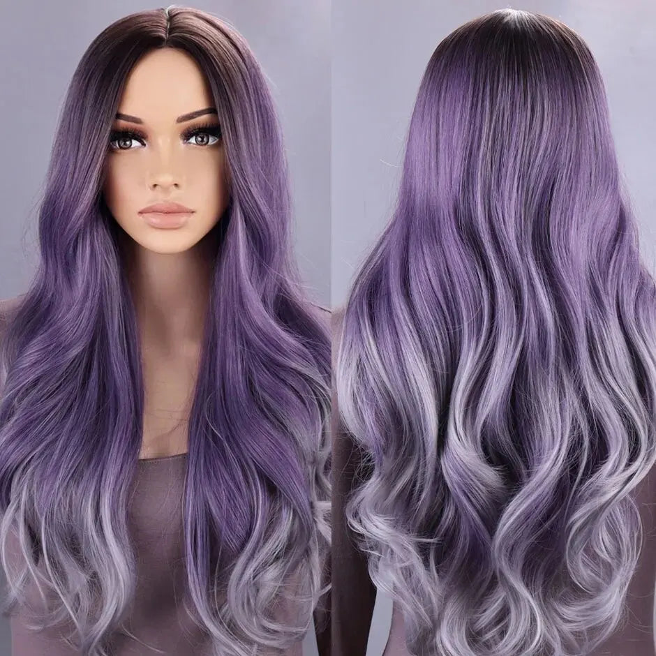 Long Wavy Middle Part Wig Purple Natural Wigs for Women Heat Resistant Ombre Purple Gray Wig Daliy Party 28 Inch Synthetic Wigs