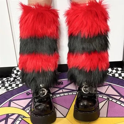 Gothic Women's Y2k Harajuku Punk Lolita Girls Subcultural Striped Contrasting Fur Insulation Faux Furry Socks Legs Warms covers