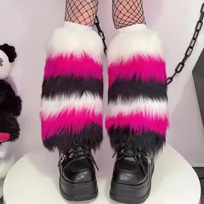 Gothic Women's Y2k Harajuku Punk Lolita Girls Subcultural Striped Contrasting Fur Insulation Faux Furry Socks Legs Warms covers