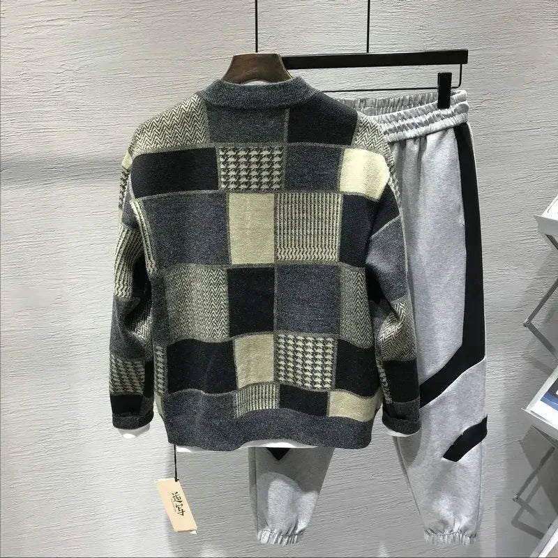 Man Clothes Collared Plaid Coat Knitted Sweaters for Men Jacket