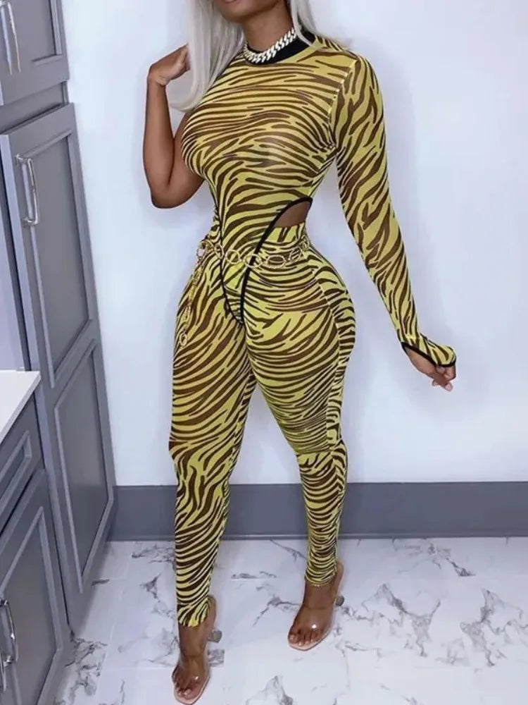 Joskaa Zebra Print Mesh Patchwork One shoulder Bodysuit + Long pants women 2 piece set Sexy See through Outwear Holiday Summer