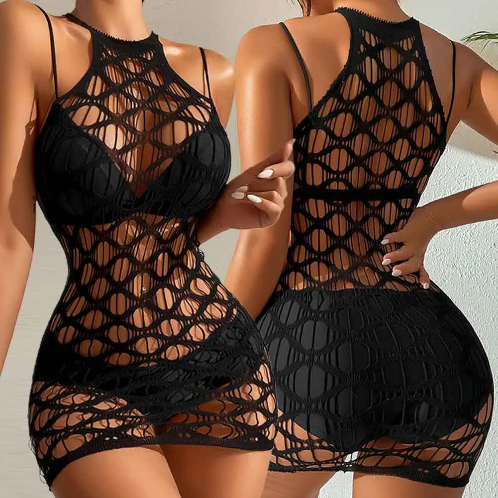 Sleepwear Women Sexy Hollow Shiny Body Stocking Fishnet Bodysuit Rhinestone Dress Lingerie Nightwear Porno Clubwear Exotic Dress