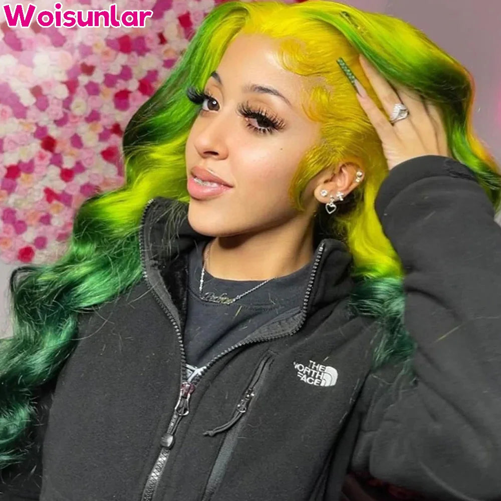 Ombre Yellow and Green Human Hair 13x6 Transparent Lace human hair  Pre-Plucked For Black Women Body wave180% Density  wigs